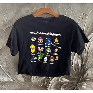 Super Mario Mushroom Kingdom Graphic Tee Crop Top Nintendo T-Shirt Black -Size S